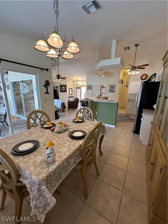 tiled dining room with ceiling fan