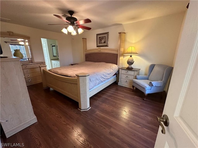 bedroom featuring ceiling fan and dark hardwood / wood-style flooring