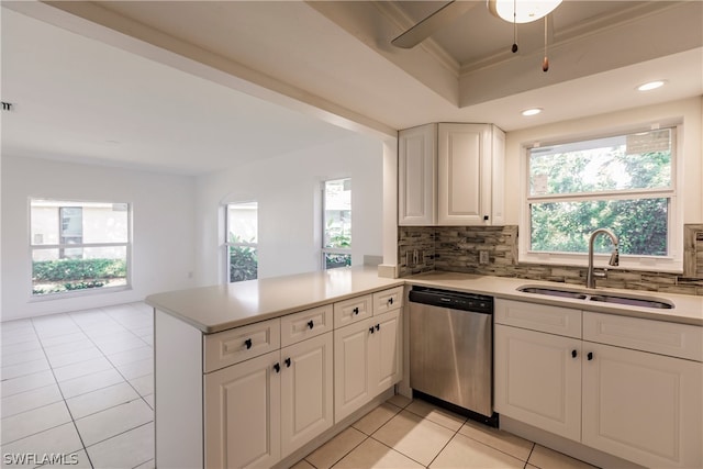 kitchen featuring kitchen peninsula, sink, ceiling fan, dishwasher, and backsplash