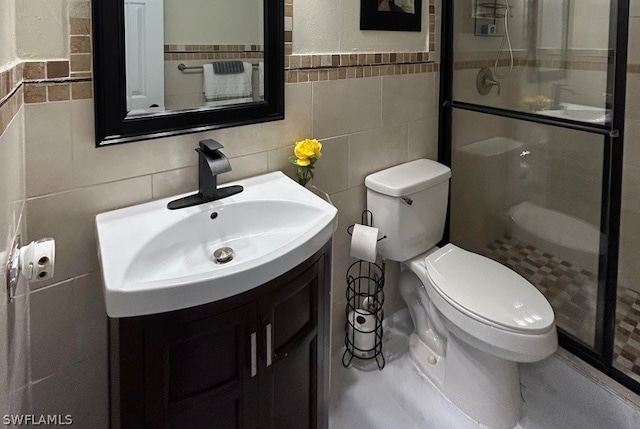 bathroom with backsplash, tile walls, an enclosed shower, and toilet