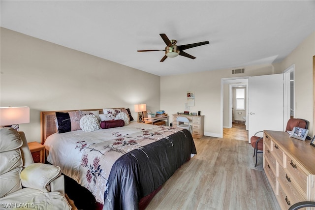 bedroom with ceiling fan and light wood-type flooring