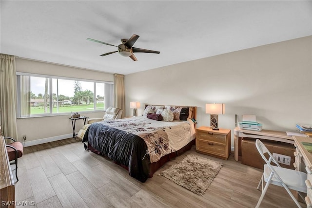 bedroom with ceiling fan and light wood-type flooring