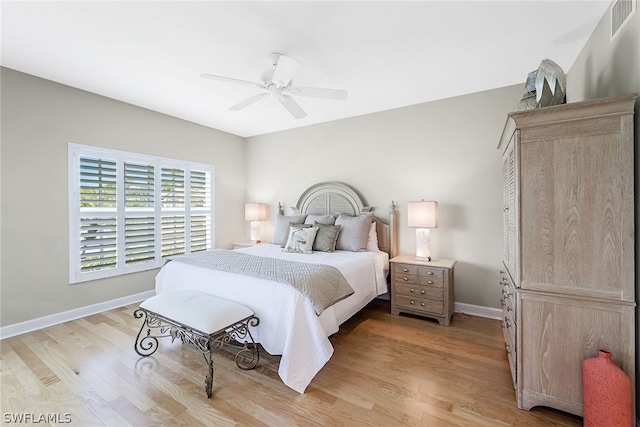 bedroom featuring ceiling fan and light hardwood / wood-style flooring