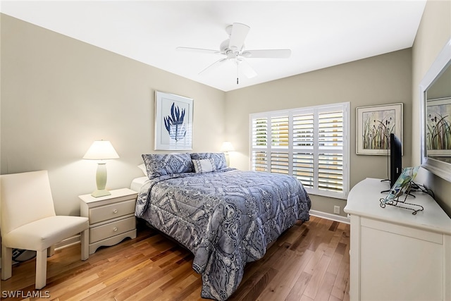 bedroom with ceiling fan and light wood-type flooring