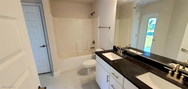 full bathroom featuring vanity, toilet, and  shower combination