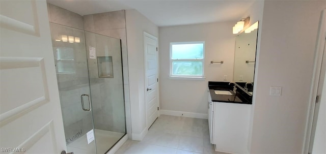 bathroom featuring tile patterned flooring, walk in shower, and vanity