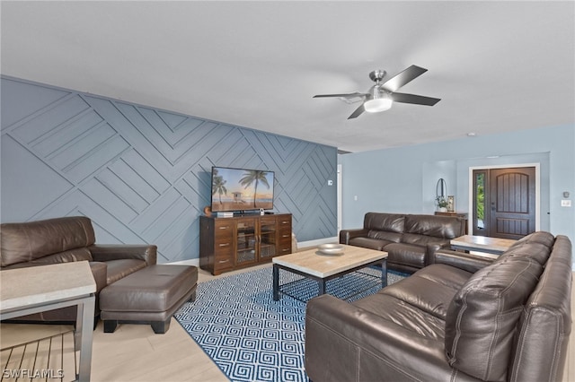 living room featuring ceiling fan