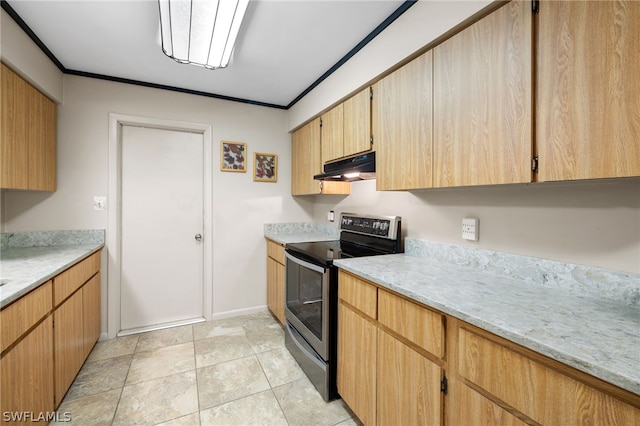 kitchen with stainless steel range with electric cooktop, light tile floors, light stone counters, light brown cabinetry, and ornamental molding