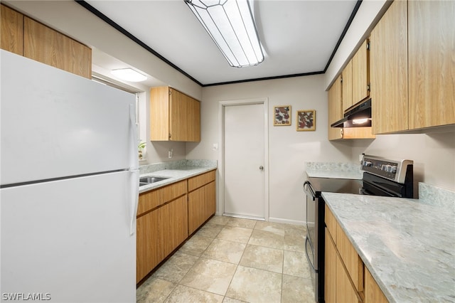 kitchen featuring light tile floors, white refrigerator, crown molding, and range with electric cooktop