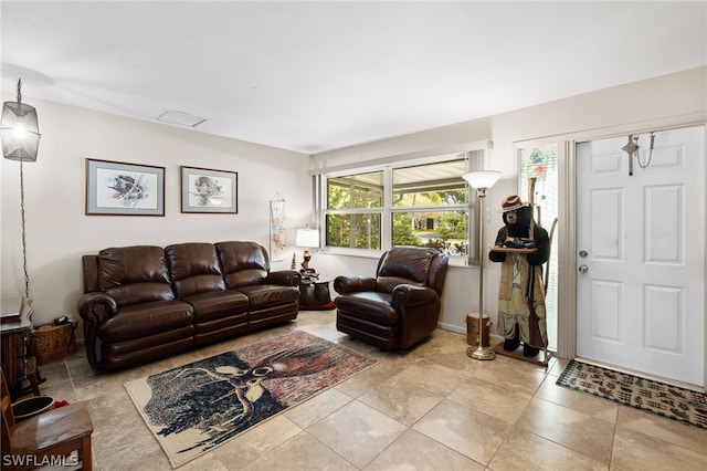 living room with light tile floors