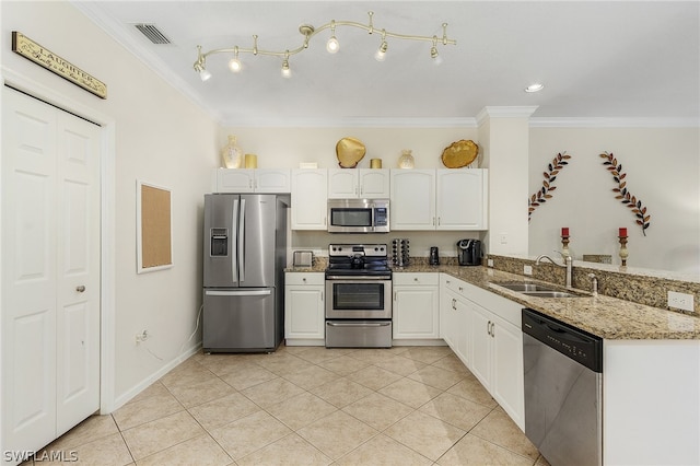 kitchen featuring kitchen peninsula, white cabinetry, stone countertops, sink, and stainless steel appliances