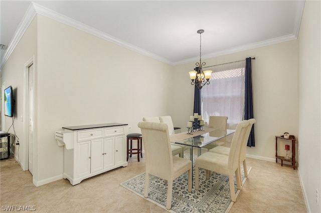 dining room with crown molding, a notable chandelier, and light tile floors