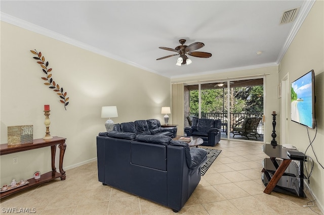 living room with light tile floors, ornamental molding, and ceiling fan