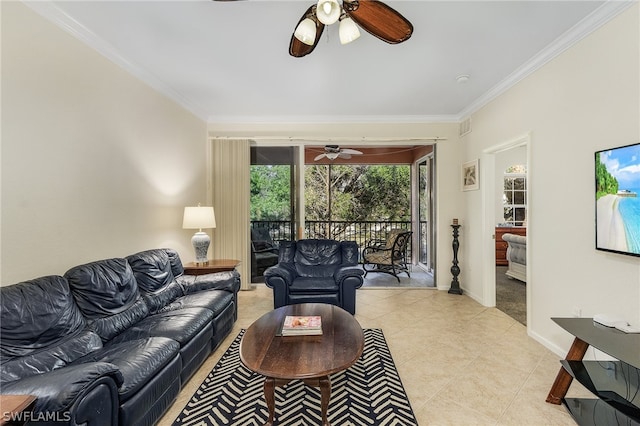 tiled living room featuring crown molding and ceiling fan