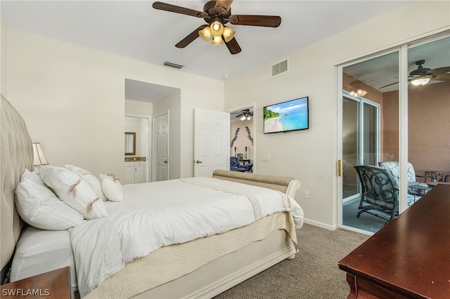 bedroom with ensuite bathroom, carpet flooring, ceiling fan, and access to outside