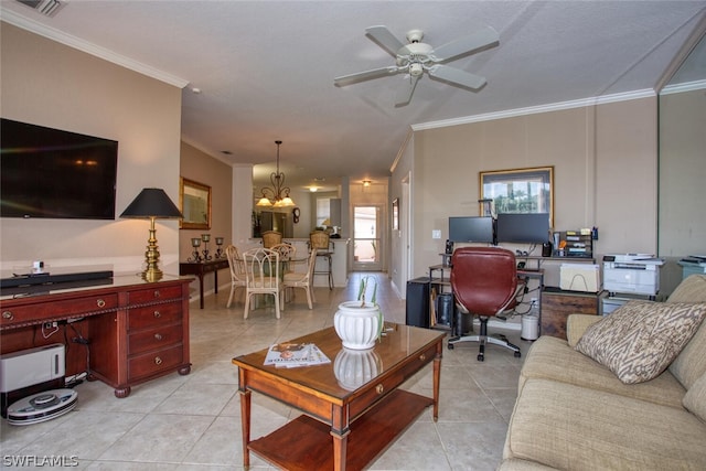 tiled living room featuring crown molding and ceiling fan with notable chandelier