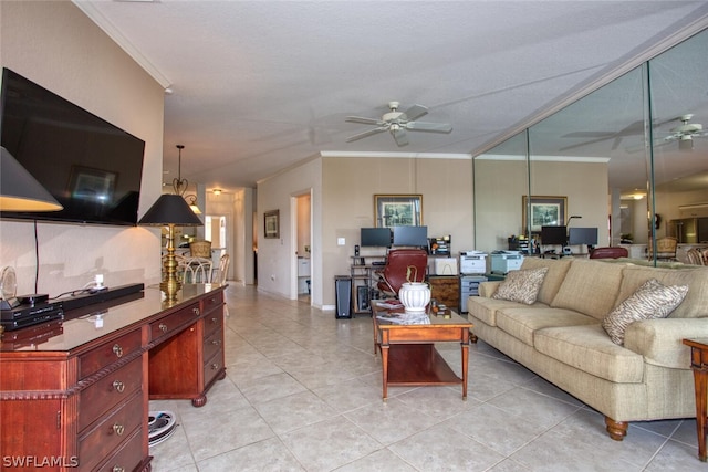 tiled living room featuring crown molding and ceiling fan