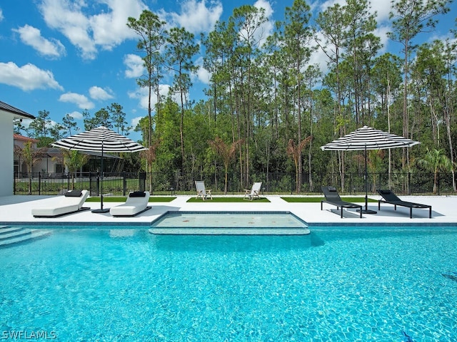 view of swimming pool with a patio area