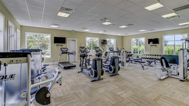 workout area featuring light carpet, a paneled ceiling, and a wealth of natural light