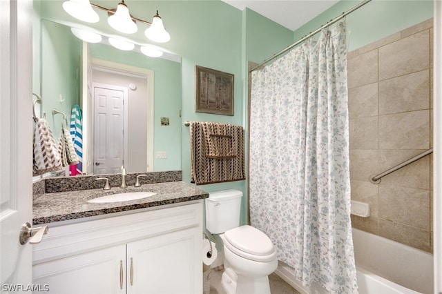 full bathroom featuring oversized vanity, toilet, and shower / bathtub combination with curtain