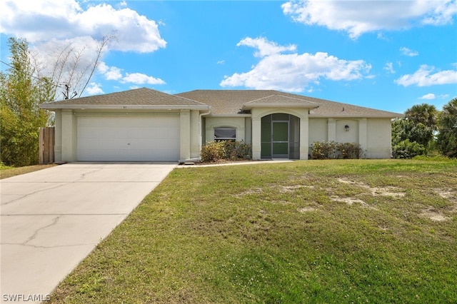 single story home with a garage and a front lawn