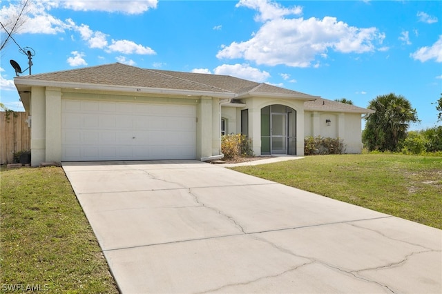 ranch-style house with a front lawn and a garage