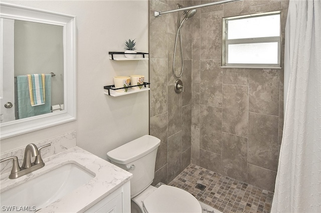 bathroom with vanity, a shower with shower curtain, and toilet