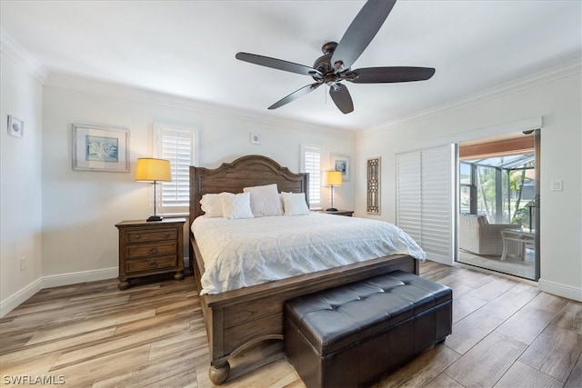 bedroom with access to outside, crown molding, light hardwood / wood-style floors, and ceiling fan