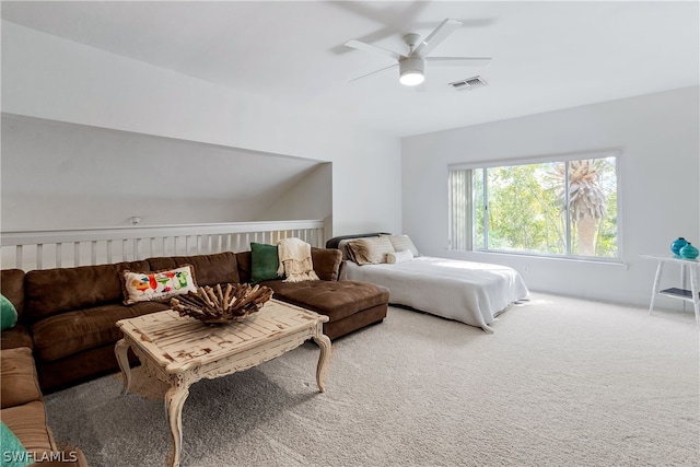 carpeted bedroom with ceiling fan