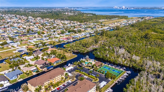 birds eye view of property featuring a water view