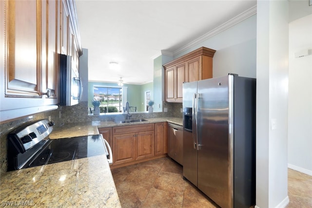 kitchen with sink, crown molding, stainless steel appliances, light stone counters, and tasteful backsplash