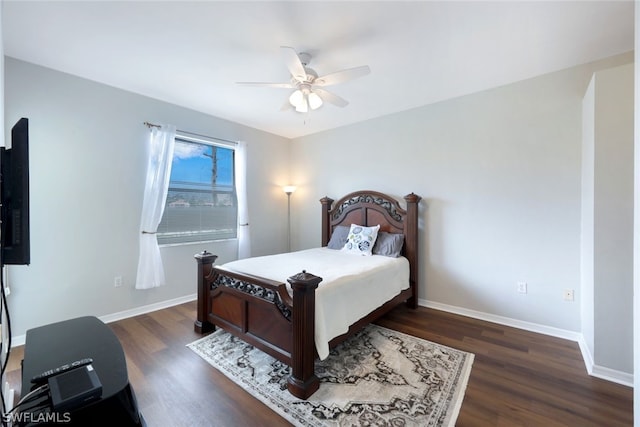 bedroom featuring dark wood-type flooring and ceiling fan