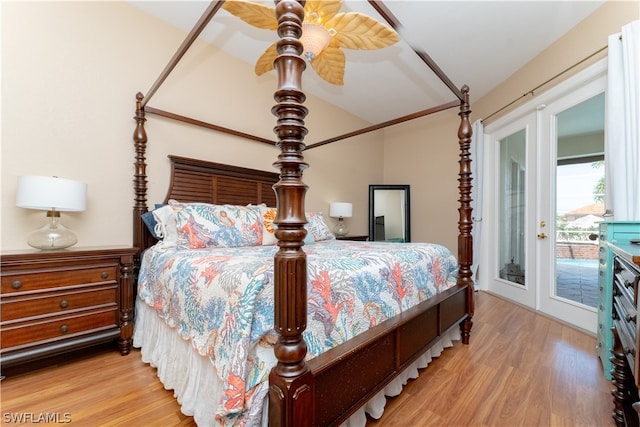 bedroom featuring light hardwood / wood-style floors, access to exterior, and ceiling fan