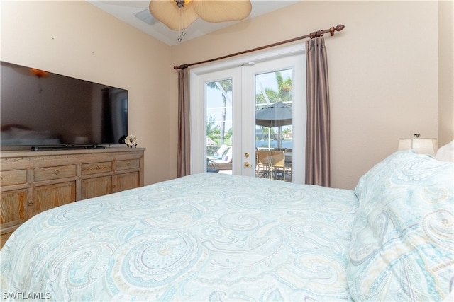 bedroom with french doors, ceiling fan, and access to exterior