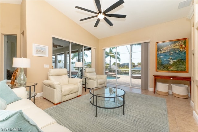 living room featuring high vaulted ceiling, ceiling fan, and light tile floors