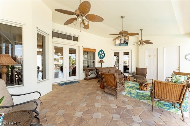 interior space featuring french doors and ceiling fan