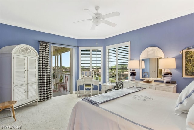 bedroom with light colored carpet, access to exterior, ceiling fan, and ornamental molding