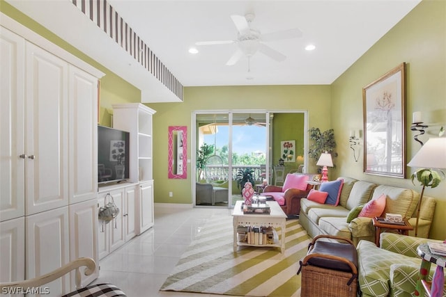 tiled living room with ceiling fan