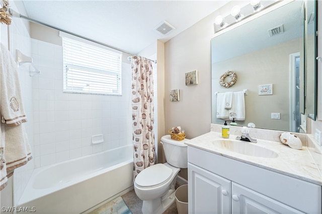 full bathroom with shower / bathtub combination with curtain, tile floors, toilet, and oversized vanity