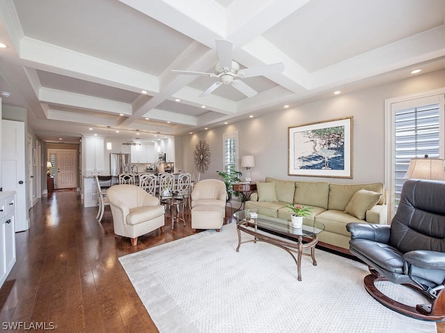 living room with coffered ceiling, ceiling fan, beamed ceiling, and dark hardwood / wood-style flooring