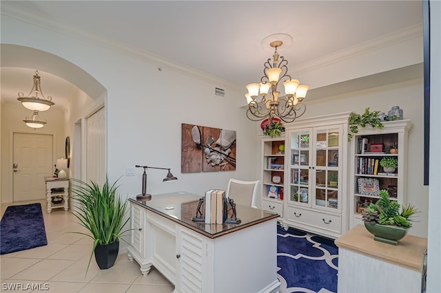 tiled office space featuring crown molding and an inviting chandelier