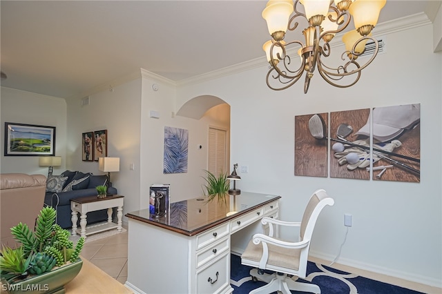 tiled office space featuring a notable chandelier and crown molding