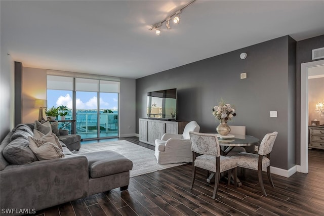 living room featuring hardwood / wood-style flooring and rail lighting