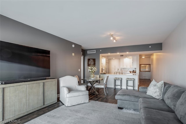 living room featuring dark wood-type flooring