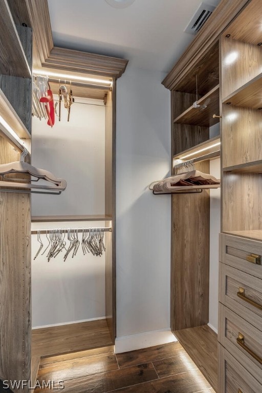 spacious closet featuring dark hardwood / wood-style flooring