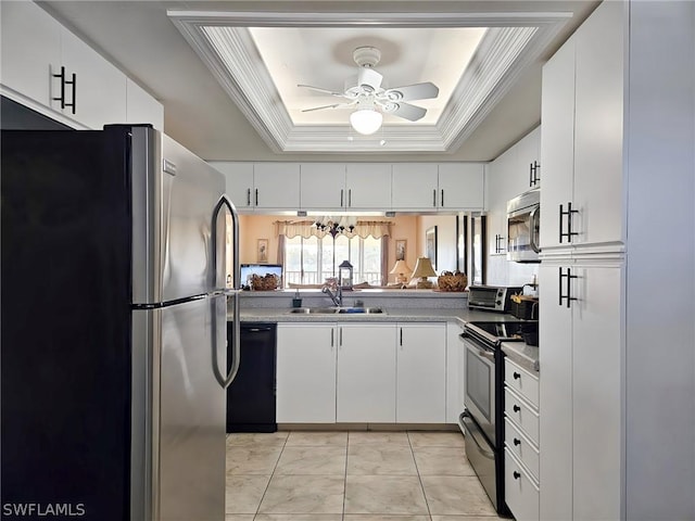 kitchen with sink, white cabinets, appliances with stainless steel finishes, and a tray ceiling