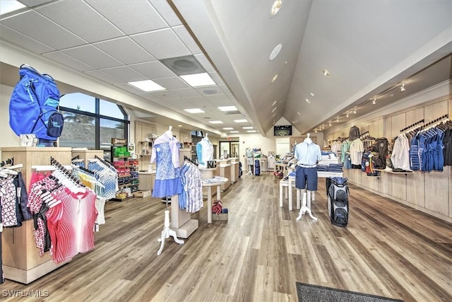 interior space featuring a wealth of natural light, a drop ceiling, and hardwood / wood-style floors