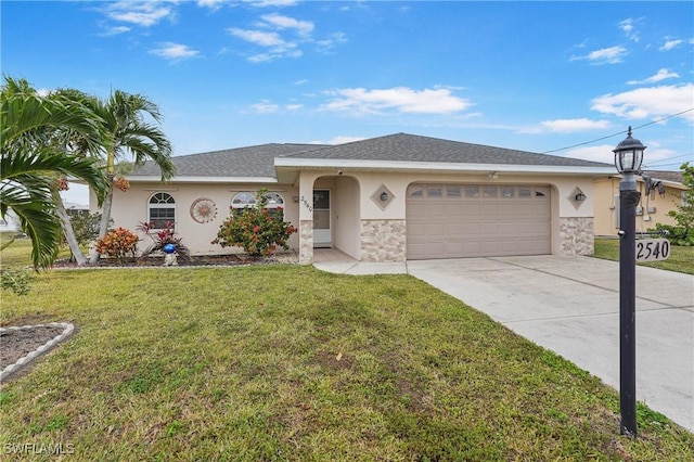 ranch-style home featuring a front yard and a garage