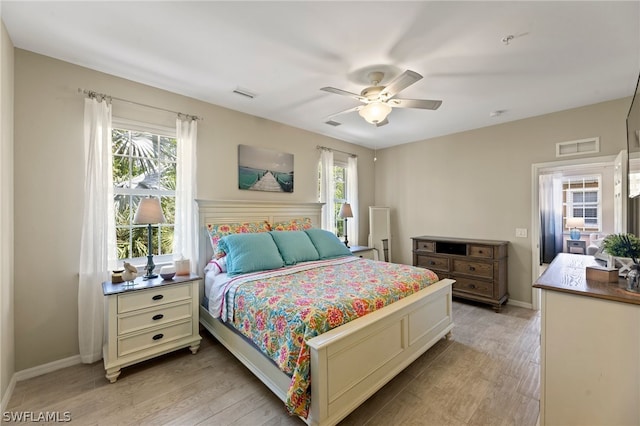 bedroom featuring ceiling fan and light wood-type flooring