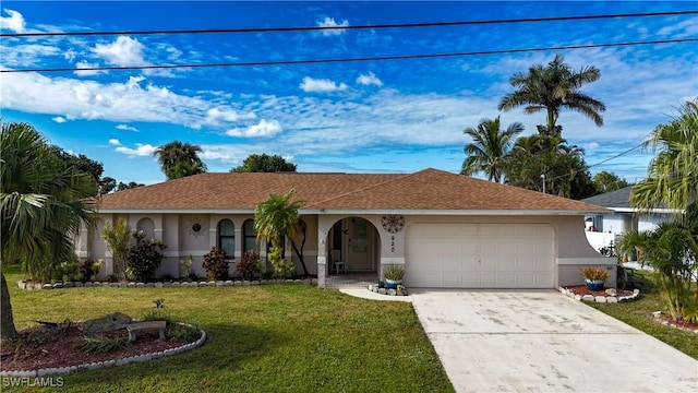 single story home featuring a garage and a front lawn